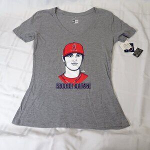 New Era LA Angels #17 Ohtani T-Shirt. Women's M, gray V-neck short sleeve
